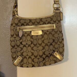 Coach Tan and Gold Signature Shoulder Bag